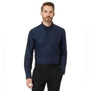 JOHNSTON & MURPHY Jacquard Airplane Shirt, Black & Blue Long Sleeve, Large L